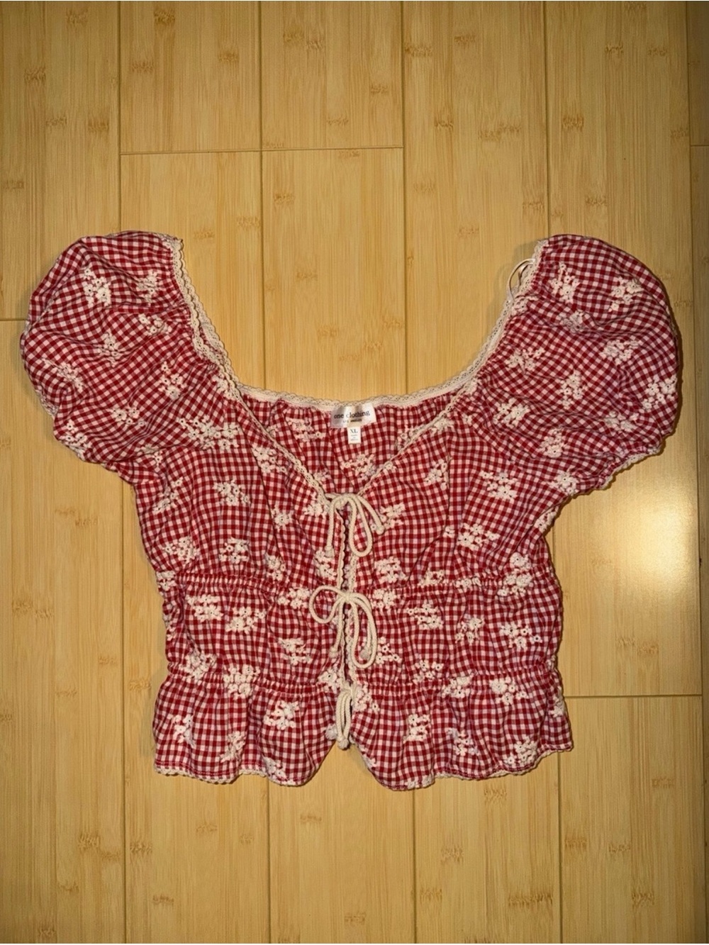 Red Gingham Puff-Sleeve Crop Top with Lace Ties
